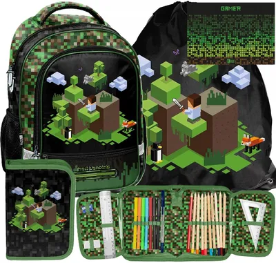 Obrázek produktu pro 4dílná školní batohová sada MINECRAFT – ergonomický batoh, školní batoh GAME PIXEL pro CHLAPCE – sada pro školáky: školní batoh, penál, taška na tělocvik