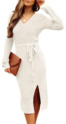Produktbild von MEROKEETY Damen V Ausschnitt Zopfstrick Pulloverkleid Langarm Bodycon Schlitz Pu