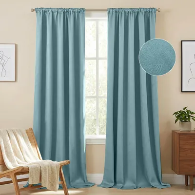 Productafbeelding van Set van 2 gordijnen met bladmotief, verduisterend, multifunctioneel, met fronsband, geschikt voor woonkamer en slaapkamer, blauw, afmetingen 132x274 cm