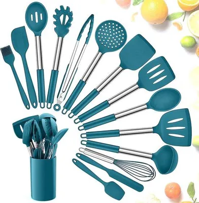 Image de Ensemble de 15 ustensiles de cuisine en silicone Unyqoos®, résistants à la chaleur et antiadhésifs, avec des manches en acier inoxydable, comprenant un support pour ustensiles – couleur bleu