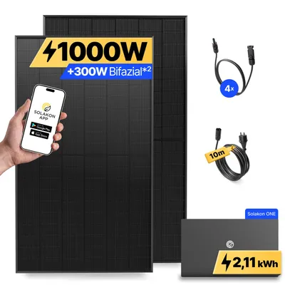 Produktbild von 1000W Balkonkraftwerk mit Speicher Solakon ONE (2,11 kWh) Solaranlage Steckerfertig WIFI Komplettset Photovoltaik Anlage 800W, Kabellänge: 10m