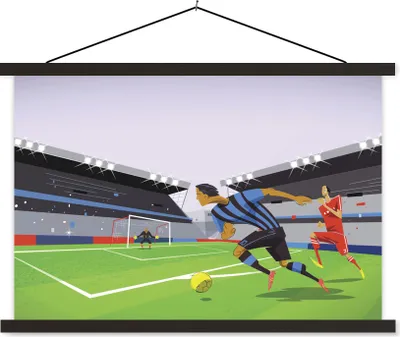 Produktbild von MuchoWow® Textilposter Eine Illustration von Spielern, die in einem Stadion Fußball spielen - Junge - Mädchen - Kinder 60x40 cm mit schwarzem Rahmen - Hölzernes