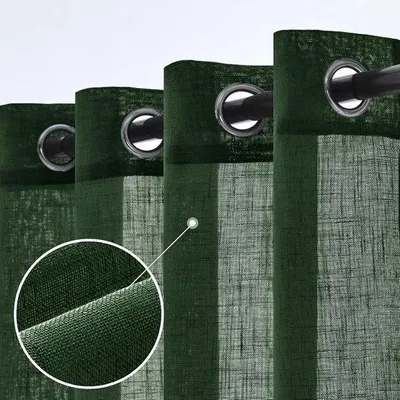 Obrázok produktu pre Sada dvoch závesov Unyqoos® – priehľadné závesy z ľanu, tmavozelené, 140 x 245 cm, moderné záclony vhodné do obývačky a spálne