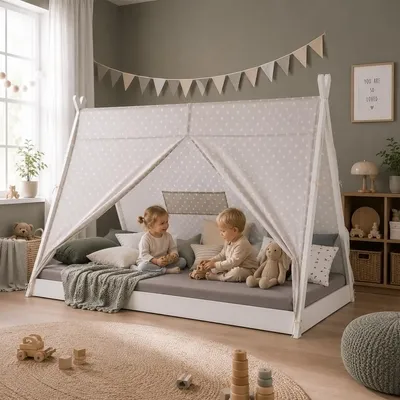 Produktbild von Homestyle4u Kinderbett 90x200 Hausbett Tipi Bett Holzbett Weiß mit Lattenrost