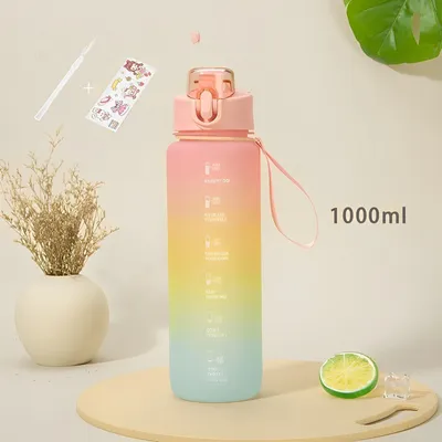 Imagen del producto de Botella de agua grande para actividades al aire libre, con diseño de arcoíris deportivo y degradado de color, color rosa