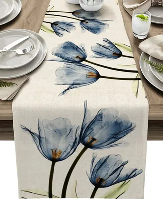 Produktbild von Tischläufer  Blau Blumen Modern Wohnzimmer Tulpen rutschfest 33x183cm