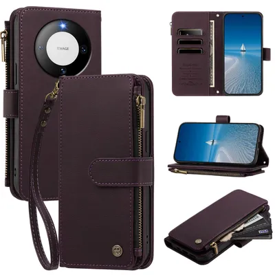 Obrázek produktu pro Pouzdro pro Huawei Mate 60 Pro/Mate 60 Pro+,Polyuretankůže peněženkové pouzdro, na karty, kapsa na zip, stojánek, poutko Fialová
