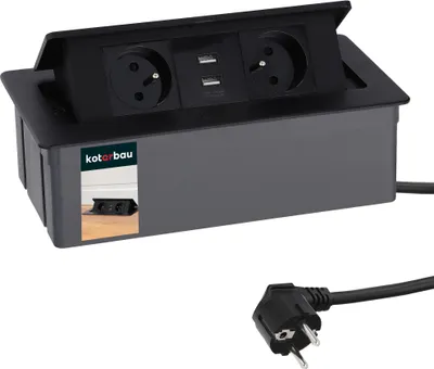 A pop-up power strip with two electrical outlets and two USB ports, shown with its power cord and plug.