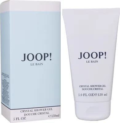 A product shot of a Joop! Le Bain Crystal Shower Gel bottle and its packaging, presented side-by-side against a white background.