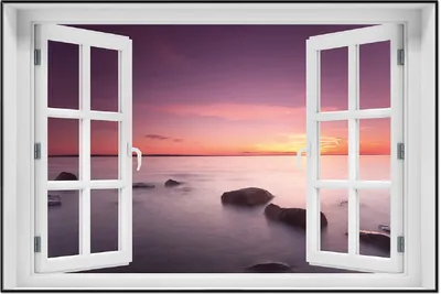 Produktbild von Wallario Wandbild mit Fenster-Illusion: Nebel am See bei Sonnenuntergang, Größe: 61 x 91,5 cm, Poster mit schwarzem Aluminiumrahmen