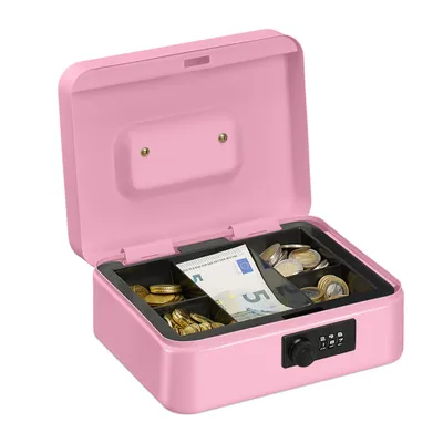 Produktbild von Relaxdays Geldkassette, 3-stellige Zahlenkombination, Münzeinsatz, Geldkasten Eisen, Kasse, HBT 8,5x20x17 cm, pink
