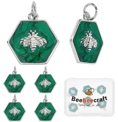 6 Bienen-Anhänger aus Email, sechseckig, grün, versilbert, 14x14,5 mm