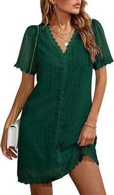 Produktbild von ASKSA Damen Chiffon Kleider V-Ausschnitt Sommerkleid Swiss Dot Spitze A-Linie Minikleid, Grün, XXL
