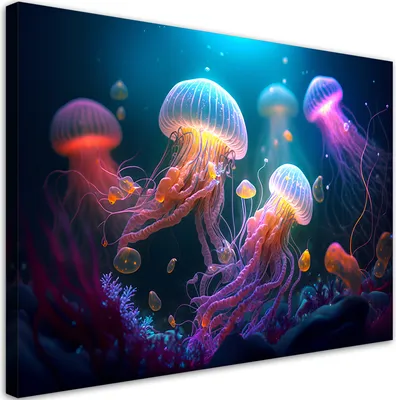 Produktbild von Leinwandbild Qualle Neon-Abstraktion 100x70 Feeby Bunt bild für die wand bereit zum aufhängen