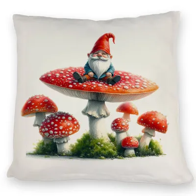 Produktbild von Gartenzwerg auf einem Fliegenpilz Kissen
