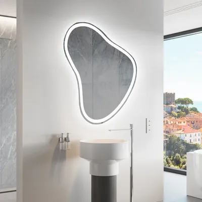 Produktbild von Unregelmäßiger asymmetrischer Spiegel mit LED Beleuchtung 84 x 94 cm - mit LED Beleuchtung - LED Farbe Kaltweiß 7000K - Individuell Nach Maß - Beleuchtet Wandspiegel Lichtspiegel Badezimmerspiegel NERP222