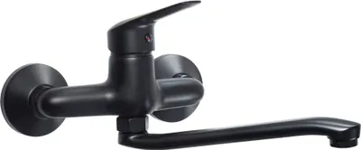A black kitchen faucet mounted on a white background.