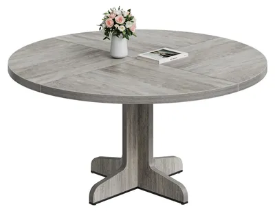 Obrázek produktu pro Moderní venkovský styl – kulatý jídelní stůl o průměru 120 cm – pro 4 osoby – dřevěná konstrukce – úsporný kuchyňský stůl do jídelny – šedá barva