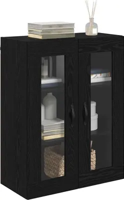 A black wooden cabinet with glass doors.