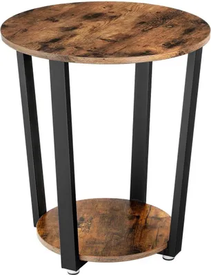 A round side table with a wood-look top and shelf, supported by black metal legs.