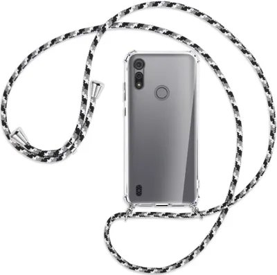 Produktbild von Handykette Backcover-Schutzhülle mit Band (Metall silberfarben) für Motorola Moto E6s - schwarz/grau/weiß
