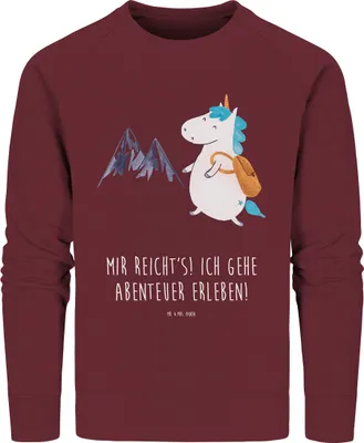 Produktbild von Mr. & Mrs. Panda Baumwoll Pullover Einhorn Bergsteiger Größe L - Burgundy - Geschenk, Berge, Sweatshirt, Bio-Pullover, Unicorn, Reisen, Urlaub, Pulli, Abenteuer, Sweater