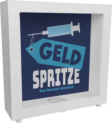 Produktbild von Geldgeschenk Rahmen Spardose aus Holz mit Geldspritze Motiv in {Blau}