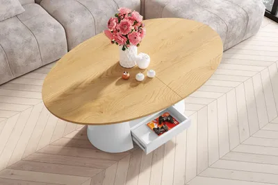 Produktbild von Design Couchtisch oval Calabrio stufenlos höhenverstellbar ausziehbar Schublade Tisch Esstisch