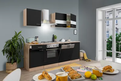 Produktbild von Küche Küchenzeile Küchenblock Einbauküche Eiche Schwarz Merle 220 cm Respekta
