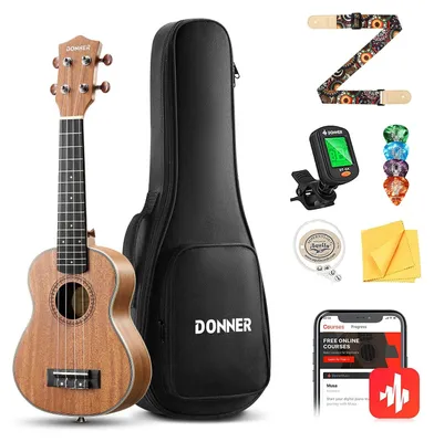 Image de Ukulélé Donner 23 pouces pour débutants, enfants et adultes - Kit de démarrage pour ukulélé en acajou avec cordes en nylon - Guitare hawaïenne DUC200