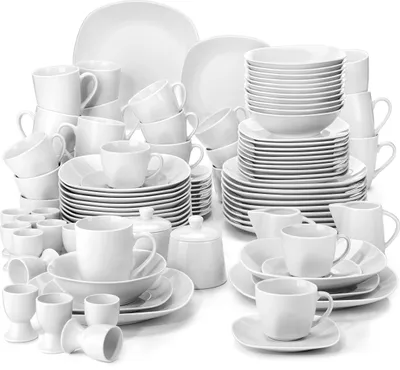 MALACASA, Serie Elisa, 100-teilig Tafelservice, Porzellan Kombiservice mit Speiseteller, Suppenteller, Eierbecher, Kaffeetassen, Müslischalen, Dessertteller für 12 Personen Grauweiß