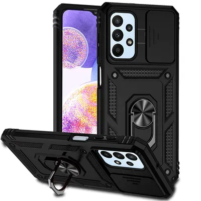 Immagine prodotto di Custodia per Samsung Galaxy A23 4G a doppio strato con copertura scorrevole della fotocamera e supporto ad anello nero