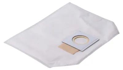 A white vacuum cleaner bag with a gray and tan attachment is shown against a white background.
