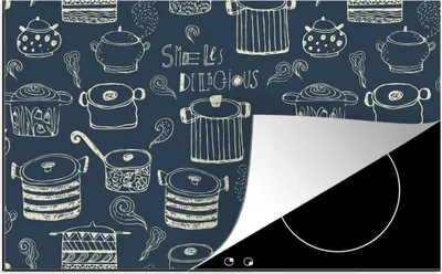 Produktbild von KitchenYeah© Herdabdeckplatte Muster - Pfannen - Kochen , 80x52cm, Küche Deko, Glaskeramikkochfeld Herdabdeckung, Abdeckplatte fùr Kochfeld