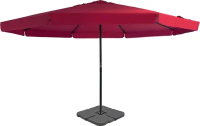 A red patio umbrella with a gray base on a white background.