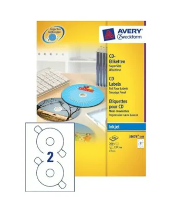 Produktbild von Avery J8676-100, CD/DVD, Weiß, Tintenstrahl, Kreis, A4, Papier