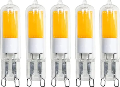 Productafbeelding van 5 x LED COB stiftsokkel lamp, 2W = 20W equivalent, G9 fitting, helder glas, warm wit licht, 2700K