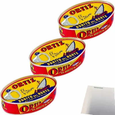 Produktbild von Conservas Ortiz Bonito del Norte, weißer Thunfisch in Olivenöl 3er Pack (3x112g Dose) + usy Block