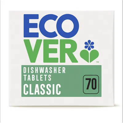 The image shows the front of a box of Ecover dishwasher tablets.