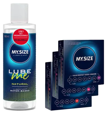 Immagine prodotto di MY.SIZE Set preservativo + lubrificante con gel Lube Me Natural 100 ml e 3x3 profilattici da 60, 64, 69 mm | Lubrificante a Base Acqua | Gel per toys e preservativi in lattice | water based