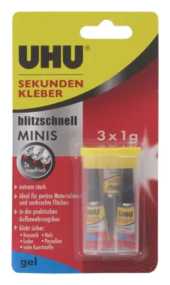 Produktbild von UHU Sekundenkleber Minis, Gel, RoHS, REACH, CE, Sichtverpackung, 3 Stück(e), China