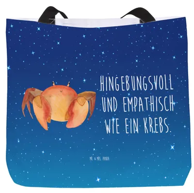 Produktbild von Mr. & Mrs. Panda Tote Bag Sternzeichen Krebs - Sternenhimmel Blau - Geschenk, Tasche, Meer, Geburtstag Juli, Meerestier, Krabbe, Strandtasche, Laptoptasche, Schultasche