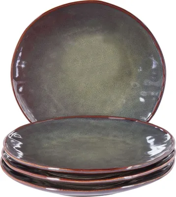 Produktbild von BELIANI Speiseteller Set Dunkelgrün Steinzeug Ton und Kaolin für 4 Personen Rund ⌀ 28 cm mit Braunem Rand Rund Handgefertigt Retro Geschirr Set