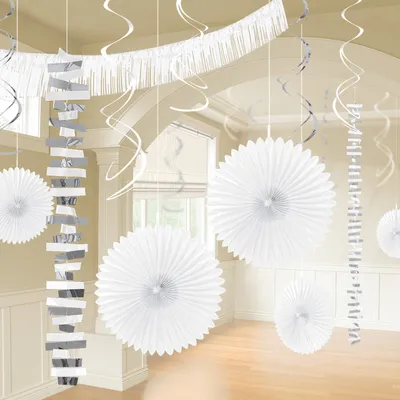 Produktbild von Amscan Dekoset weiss 18-teilig mit Fächern (20-40 cm), Swirls & Girlande