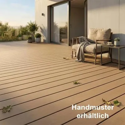 Produktbild von Terrassendielen WPC WoodoRhodos Braun | Diele für Balkon + Terrasse Außenbereich 2,4m x 12cm x 2cm mit Clipsystem & Unterkonstruktion | Holzoptik