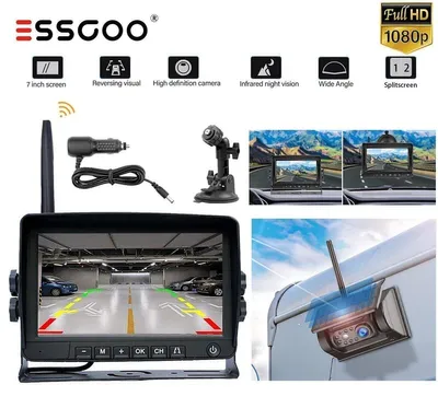 Image de Caméra de recul sans fil 1080P avec écran de 7 pouces, système de stationnement sans fil, alimentation solaire et batterie, étanche IP69, vision nocturne par LED infrarouges, pour voitures, remorques, camping-cars et caravanes