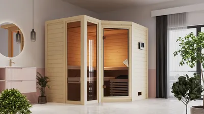 Produktbild von Karibu Sauna Innensauna Amara Eckeinstieg ohne Zubehör 236x184x208 cm ohne Dachkranz