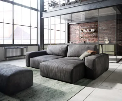 Produktbild von DELIFE Ecksofa Lanzo 230x155 cm Mikrofaser Vintage Anthrazit Recamiere variabel mit Hocker