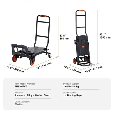 Productafbeelding van Steekwagen - Steekkar - Traploper - Transportwagen - Draagvermogen 136 kg - Vouwbare Handtruck
