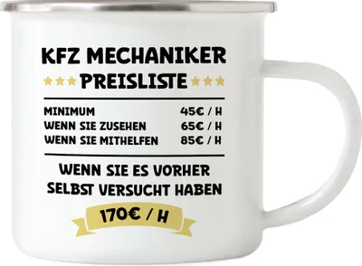 Produktbild von KFZ Mechaniker Preisliste Emaille Tasse Schwarz Beruf Arbeit Job Autos Autohaus Technik Werkstatt Werkzeug Auto